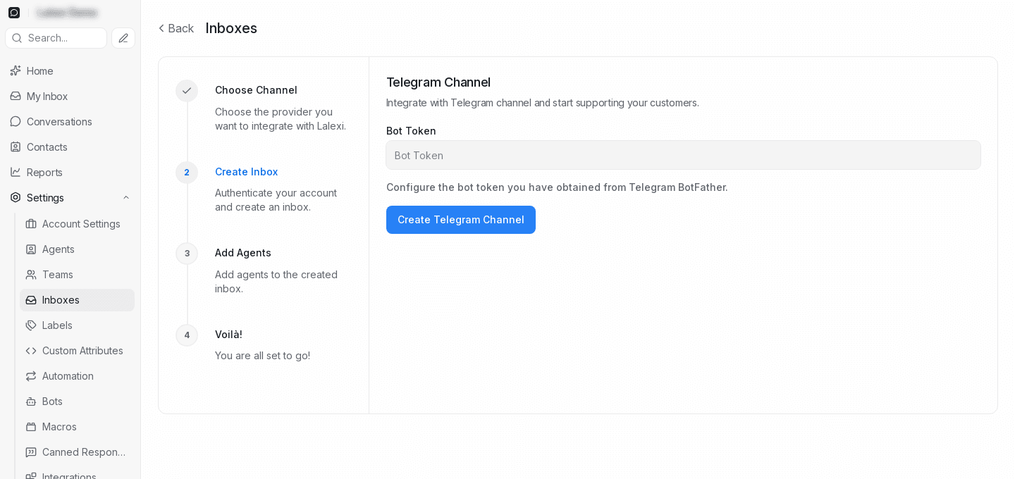 Форма подключения Telegram-бота