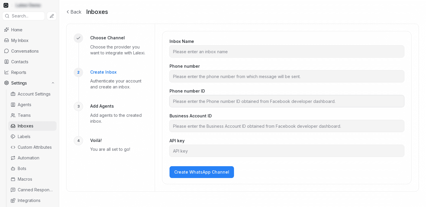 Форма подключения WhatsApp Cloud API