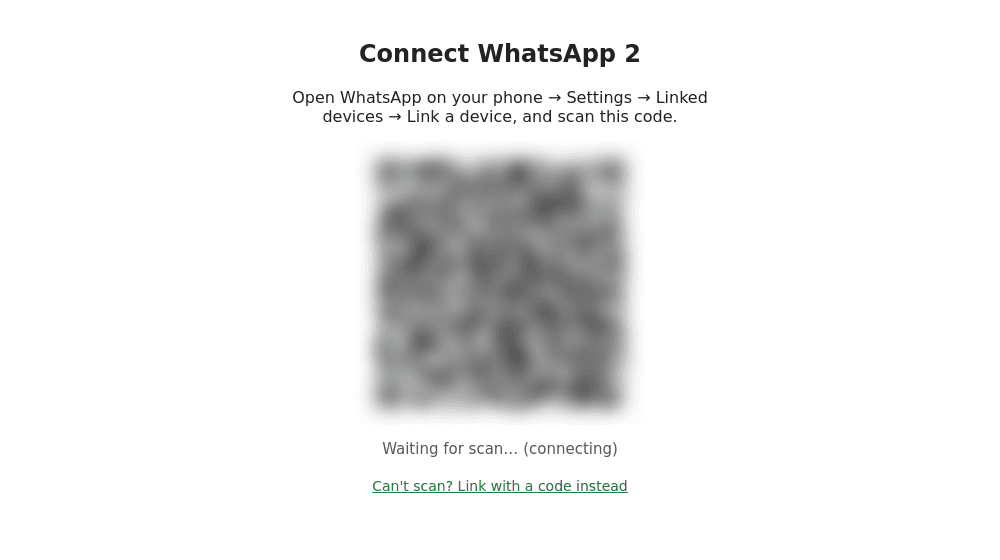 Страница привязки WhatsApp 2 с QR-кодом