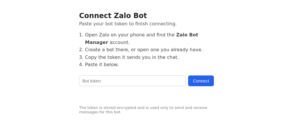 Форма вставки токена Zalo-бота